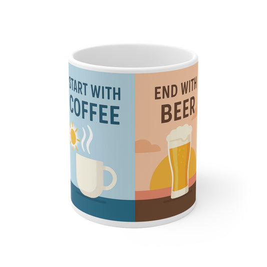Koffie en Bier Keramische koffietas - "Start with Coffee, end with beer"