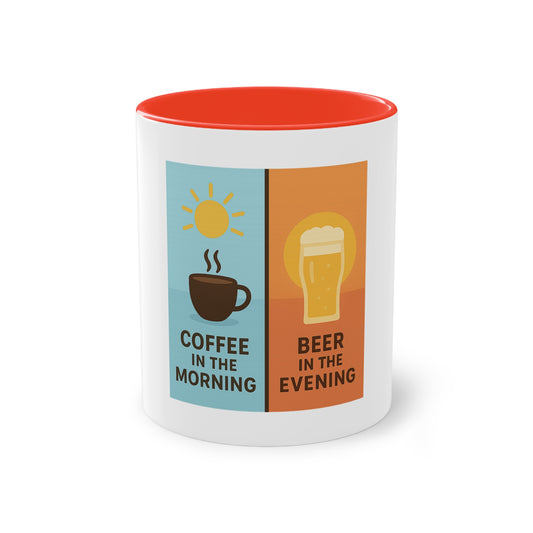 Tweekleurige koffietas: Koffie in de ochtend, bier in de avond.
